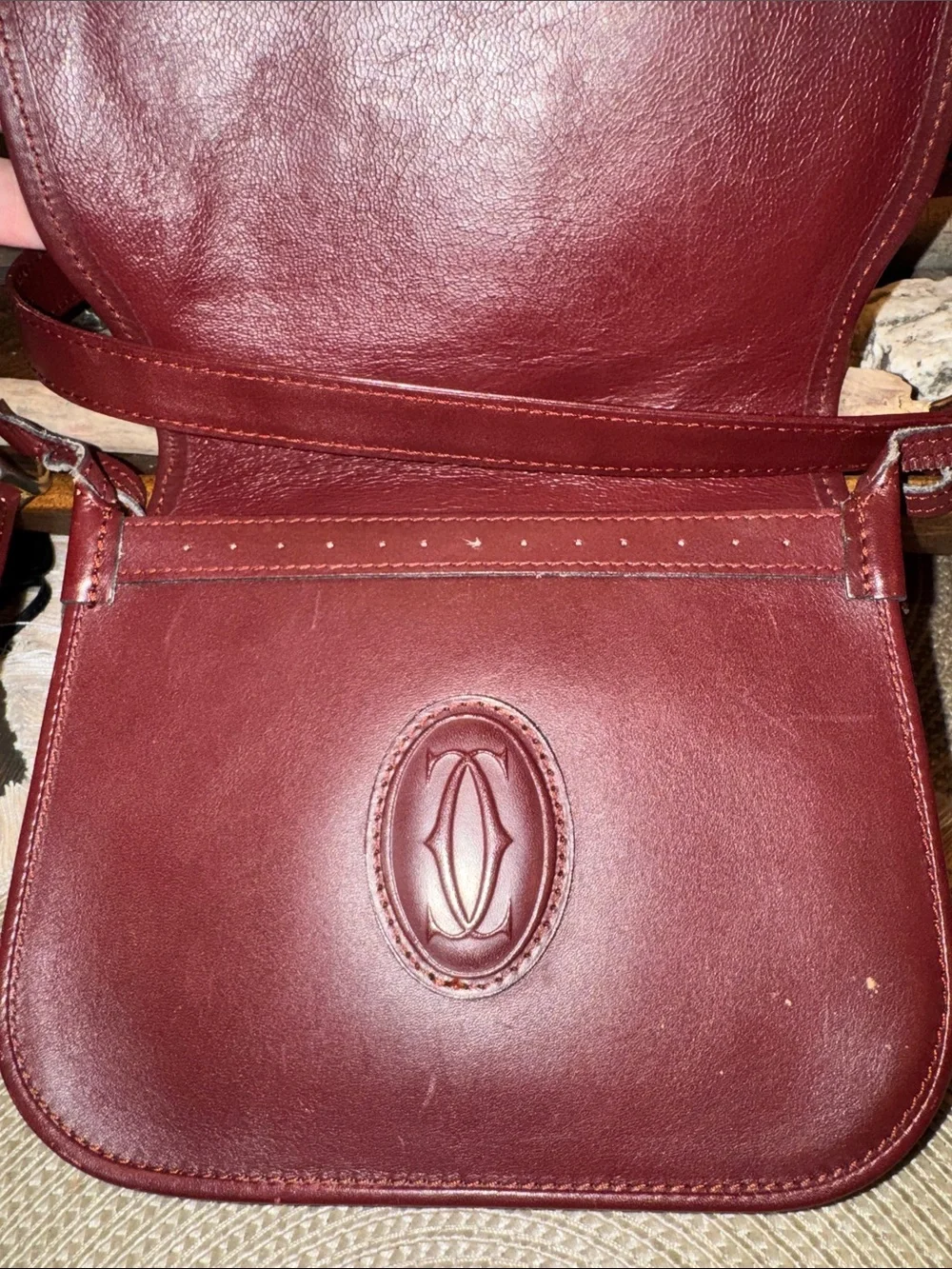 Cartier Leather Messenger Bag in Deep Burgundy with Matching Card Case